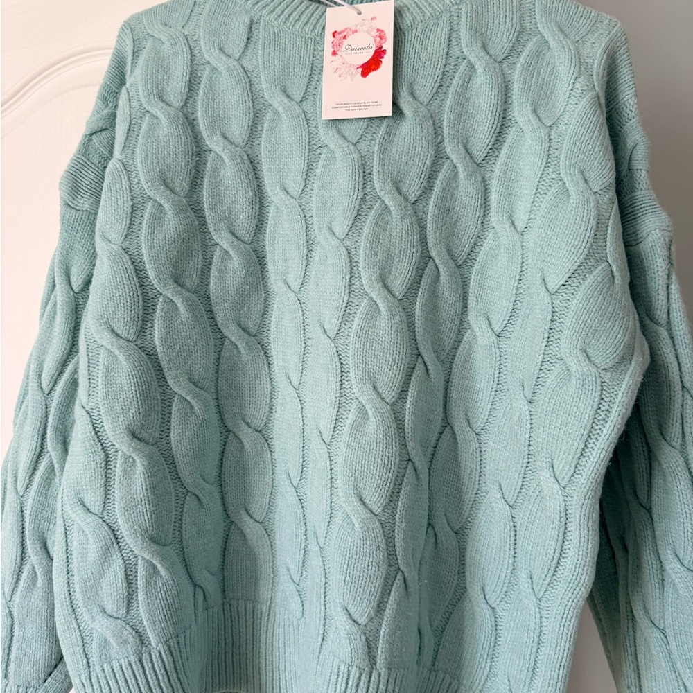 Cable Knit Crewneck Sweater in Light Aqua
